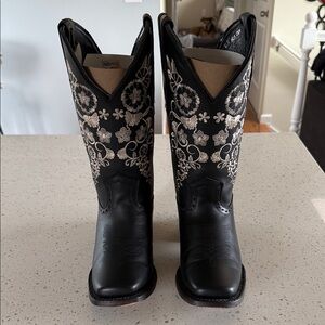 Black and White Floral Heeled Boots